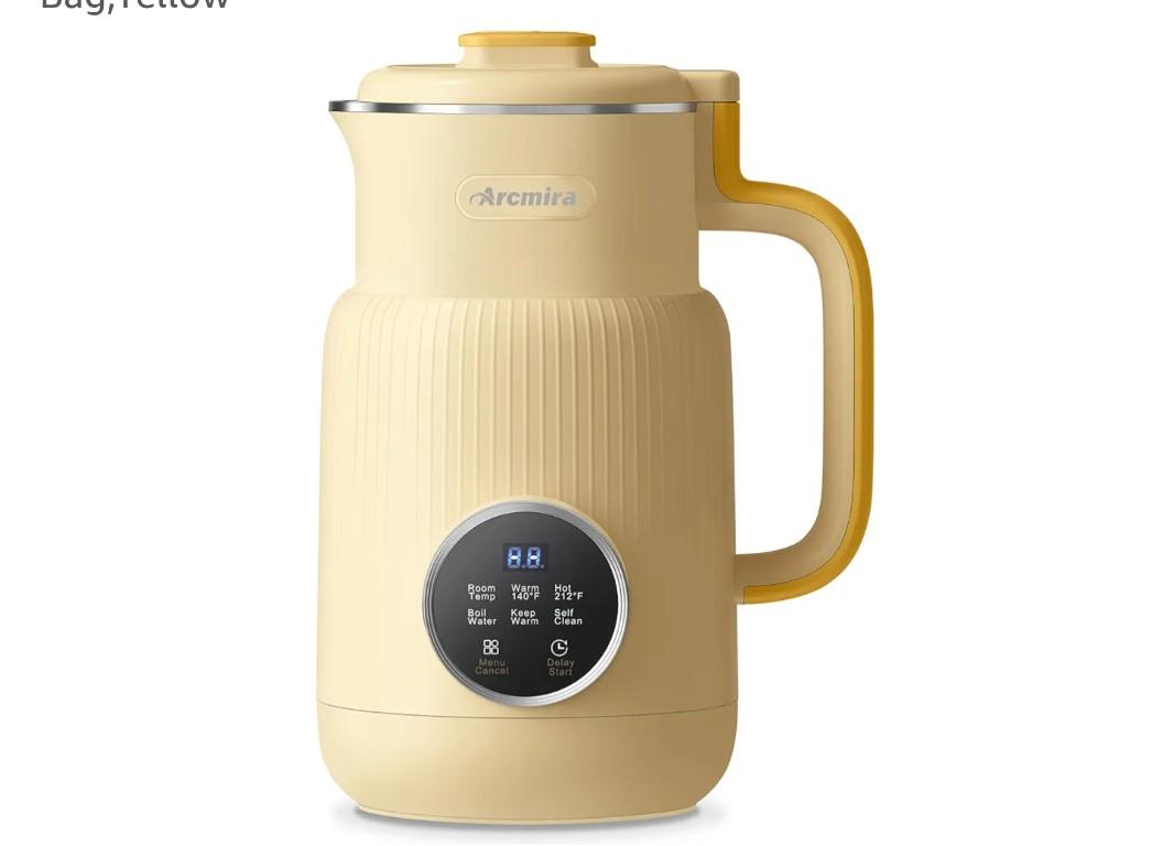 Arcmira Automatic Nut Milk Maker, 20 oz Homemade Almond, Oat, Soy, Plant-Based and Dairy Free Beverages, Almond Maker with Delay Start/Keep Warm/Boil Water, Soy Bag,Yellow