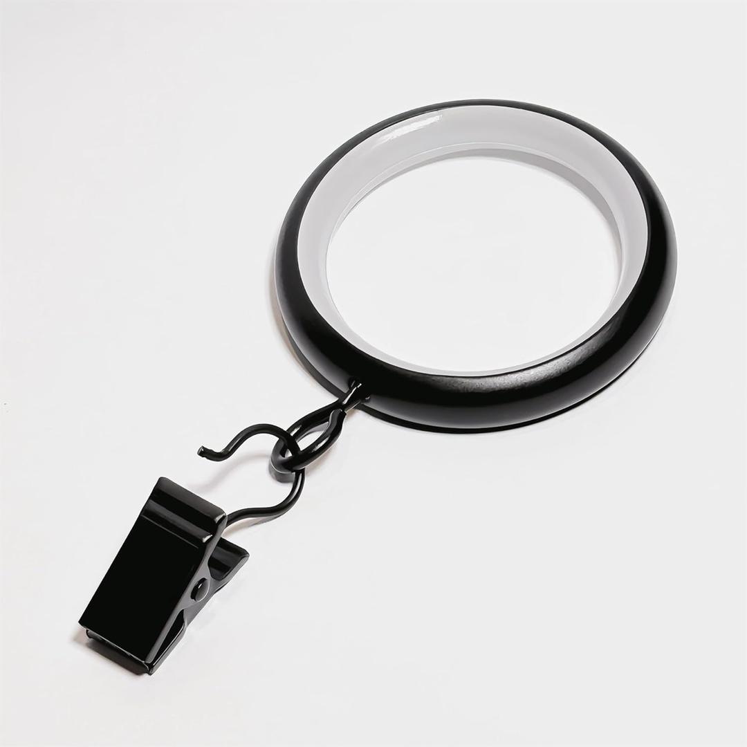 24 PCS Curtain Rings, Metal with Smooth, Quiet Nylon Inserts with Clips, 1.38" Interior Diameter, Black