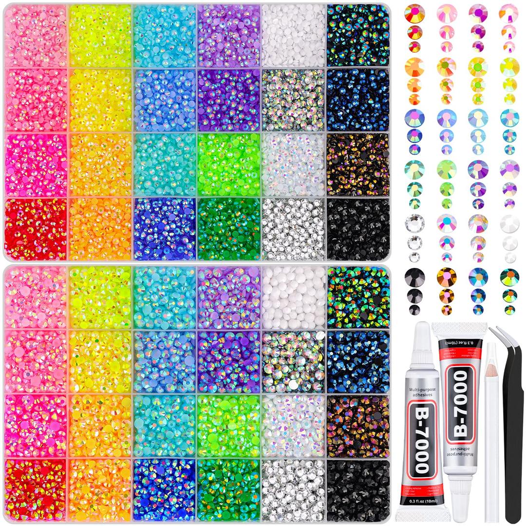 2 Boxes 3+4/5mm Jelly Rhinestones for Bedazzling, 22000Pcs Multicolor Flatback Resin Gems for Crafting, Bedazzler Kit with 2Pcs 10ml B7000 Jewelry Glue for DIY Crafts Book Fabric Decor Nail Art