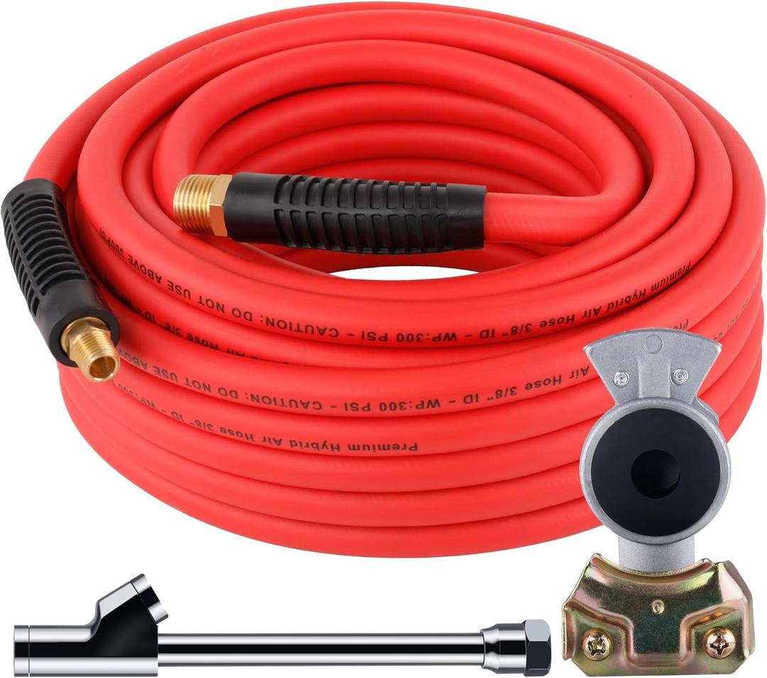 Truck Tire Inflator Kit, Heavy Duty 3/8 x 50ft Hybrid Air Hose, 1/2 NPT End for Universal Glad Hand, 1/4 NPT End for Dual Foot Chuck, 300PSI - Red