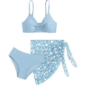 COZYEASE Girls' 3 Piece Bikini Set Ditsy Floral Print Wireless Swimsuit with Beach Skirt (Blue)