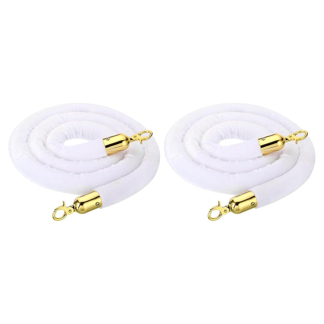 PATIKIL 6 Feet White Velvet Stanchion Rope, 2 Pack Crowd Control Barrier Rope with Snap Hooks for Posts Stands Queue Divider of Hotel Theater, Golden