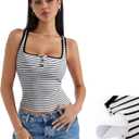 SUUKSESS Women Built in Bra Sexy Ribbed Square Neck Tank Tops Summer Cotton Sleeveless Crop Going Out Cami (Large, Black Striped)