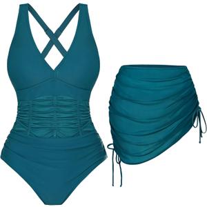 BMJL Women's One Piece Swimsuit Slimming Swim Dress Mesh Sheer Sarong Wraps Bathing Suit Swim Suits 2025 (Large, Teal)