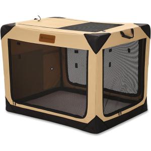 36 Inch Collapsible Soft Dog Crate for Large Dogs, 4-Door Foldable Travel Dog Kennel with Durable Mesh Windows for Indoor & Outdoor Portable Pet Crate, Soft Side Dog Crate, Beige