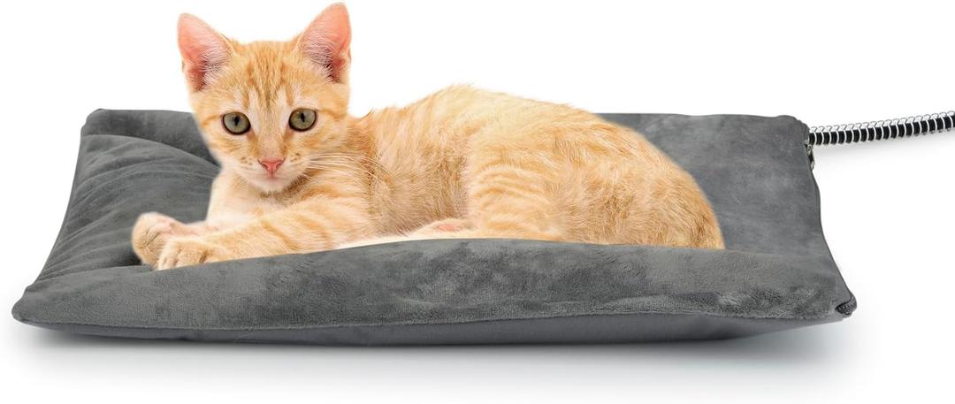 Outdoor Heated Cat Bed, Soft Pet Heating Pad with Steel-Wrapped Cord, Outside Pet Warmer for Feral Cats and Dogs, 15.7" x 11.8", 30 Watts (Gray)