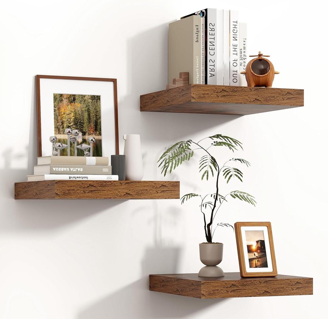 Square Floating Shelves for Wall, 12"W x 12"D x 1.2"H, 3 Pack of Small Wall Mounted Engineered Wood Shelves with Invisible Brackets for Living Room Bedroom Bathroom Kitchen Decor, Rustic Brown