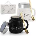 ZEAYEA Set of 2 Cat Coffee Mug with Lid and Spoon, 14 oz Cute Ceramic Tea Milk Cup for Women Girls Cat Lovers, Couple Coffee Mugs Ideal Gift for Christmas, Birthday, Anniversary, Housewarming