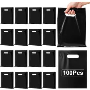 Nufiwra 100 Pack Small Black Plastic Gift Bags with Die Cut Handle, Thicken 6" x 8" Reusable Merchandise Bags Shopping Bags for Small Business Boutique Stores Gift Party Favor Wedding Christmas