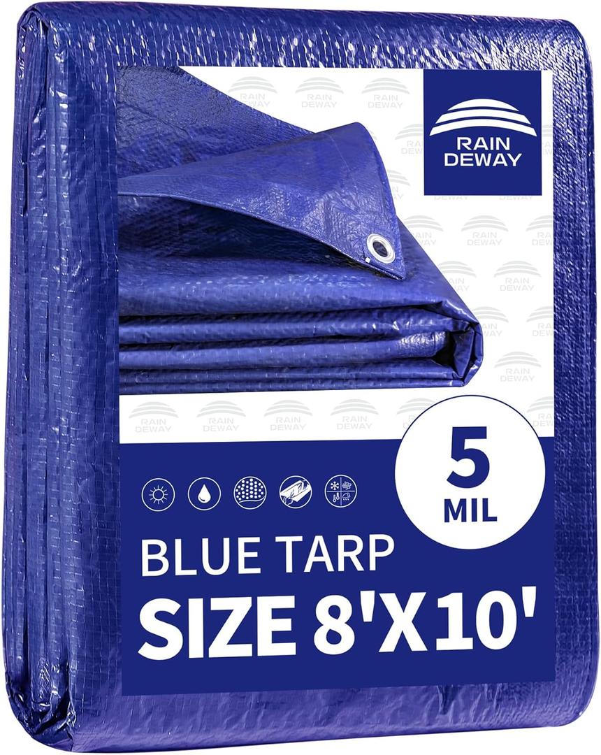 RAINDEWAY Tarps 8x10 Feet 5 Mil Blue Waterproof Tarp Multipurpose Tear Resistant Poly Tarp Cover for Car Roof Camping Patio