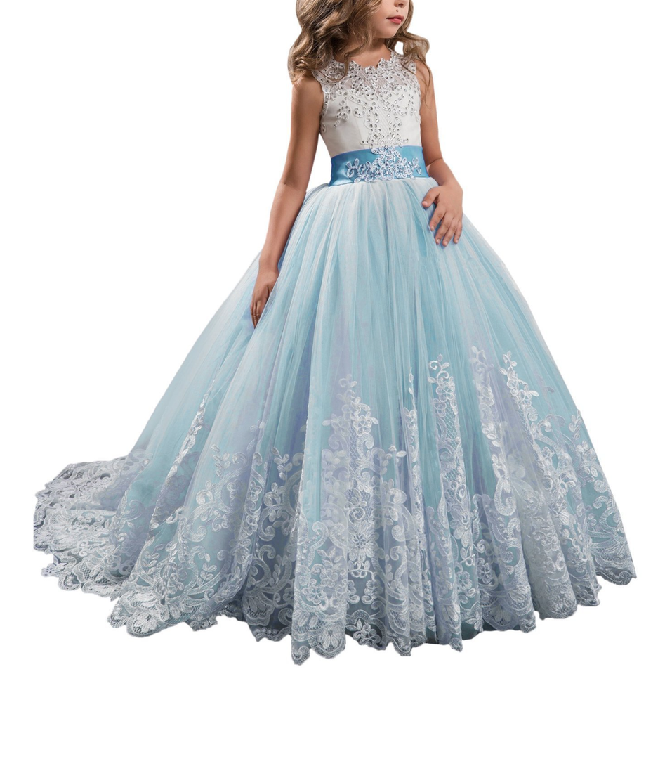 Princess Lilac Long Girls Pageant Dresses Kids Prom Puffy Tulle Ball Gown 6