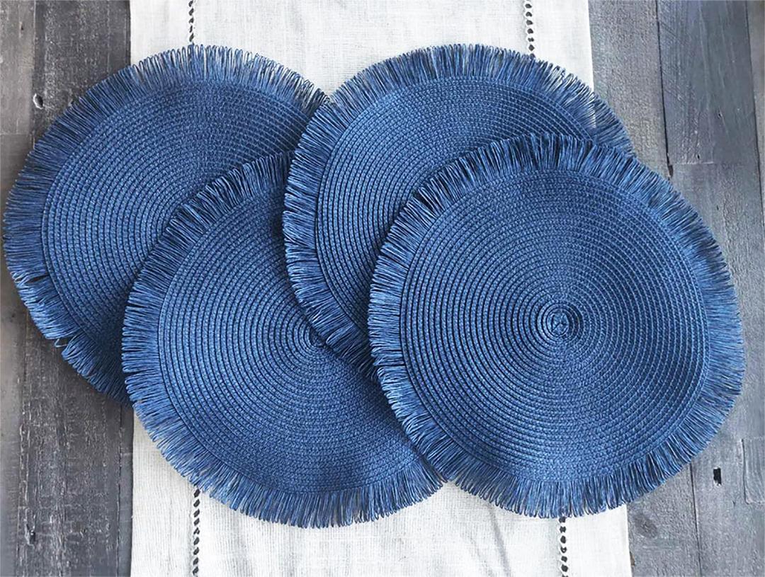Fennco Styles Handwoven Fringe Boho Placemats 15" Round, Set of 4 - Navy Blue Braided Texture Table Mats for Home, Dining Room, Banquets, Family Gathering and Special Occasion
