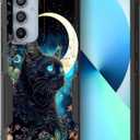 for Galaxy S25 FE Case,Dual Layer Hybrid Heavy Duty Rugged Shockproof Hard PC +Soft Silicone Protective Case for Samsung Galaxy S25 FE 6.7" 2025,Black Cat Floral Moon