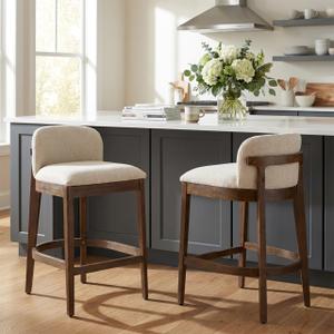 Christopher Knight Home Arden Indoor Wooden Counter Stool Set of 4, Upholstered Seat with Foam Cushion, Kitchen Bar Stools with Rubberwood Frame and Footrest for Dining Island, Beige + Walnut