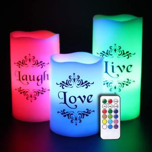 DRomance Color Changing LED Flameless Candles with 18-Key Remote and Timer, Live Love Laugh Decals Battery Operated LED Flickering Pillar Candles Dinner Wedding Decor 3 x 4, 5, 6