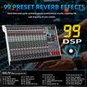 16 Channel Audio Mixer Professional Sound Mixing Board with 99 DSP Effects, 7-band EQ Digital DJ Mixer Console w/USB Bluetooth MP3 for Recording, Independent 48V Power & Mute Button
