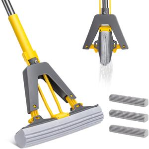 Sponge Mop,Masthome Roller Sponge Mop,Easy Self Squeeze Mop and Stainless Steel Handle,PVA Mops with 3 Absorbent Mop Refills for Home Use Tile Floor Bathroom Cleaning (Yellow-grey)