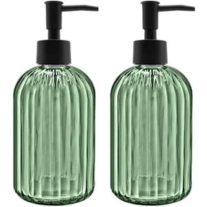 2 Pack 14oz Glass Soap Dispenser with Black Pump  Refillable for Hand Soap, Dish Soap, Lotion, Suited for Kitchen, Bathroom & Laundry Room(Olive Green)