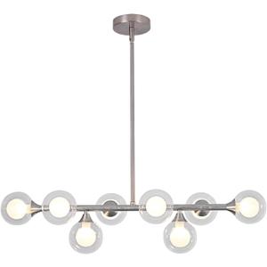 Glass Globe Sputnik Chandelier Brushed Nickel, 8-Light Mid Century Modern Light Fixture Over Table, Linear Chandeliers for Dining Room, Kitchen Island, and Clear Bubble Shade