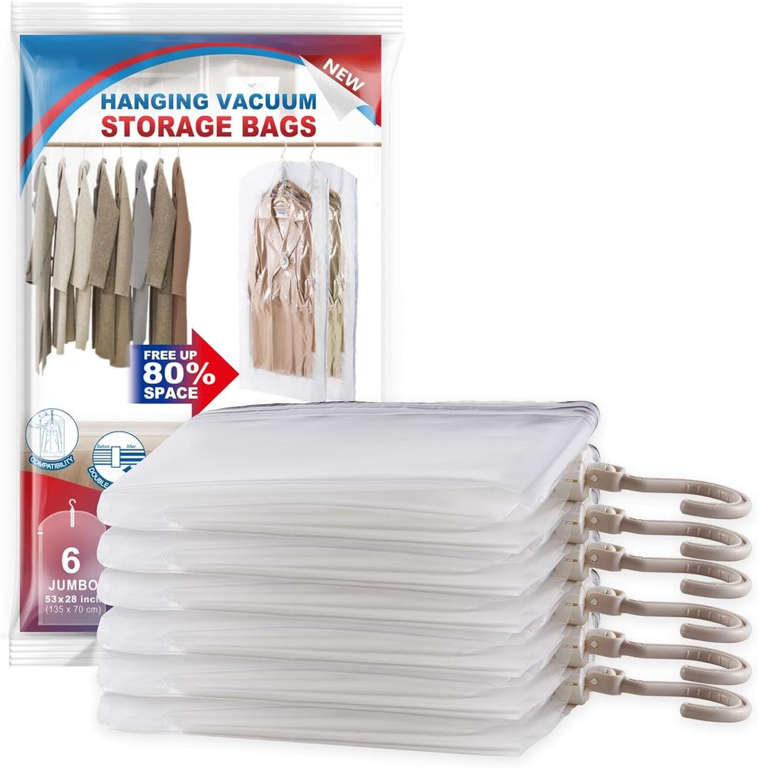 Hanging Vacuum Storage Bags, 6 Pack Large Hanging Vacuum Seal Garment Bags for Clothing, Space Saver for Clothes, Suits, Dresses, Jackets, Clothing Storage for Moving Supplies(6 Long)