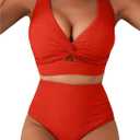 Herseas Women's Textured Bikini Sets Twist Front Top Swimsuits High Waisted Bathing Suits