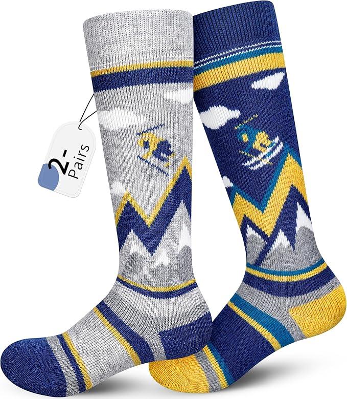 unenow Merino Wool Ski Socks Kids 2 Pairs, Winter Warm Snowboarding Thermal Socks for Boys Girls Toddlers (XX-Small)