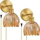 Plug in Wall Sconces Set of 2, Vintage Wall Lamp with Plug in Cord Amber Tulip Shade Decor Indoor, Gold Wall Light for Bedroom Bedside Kids Living Room Bathroom
