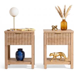 Fluted Night Stand with Golden Handle,Set of 2 Mid-Century Nightstands with Drawer, Bedside Table with Storage Shelf,Large Wood End Tables for Livingroom,Bed Side Tables for Bedroom, Natural Oak