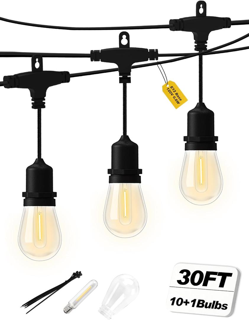 Outdoor String Lights 30FT, Patio Lights Outdoor Waterproof, Plug-in Hanging Lights with Shatterproof LED Bulbs, 2700K Warm White, E12 Connectable Lights for Porch Backyard Balcony Gazebo