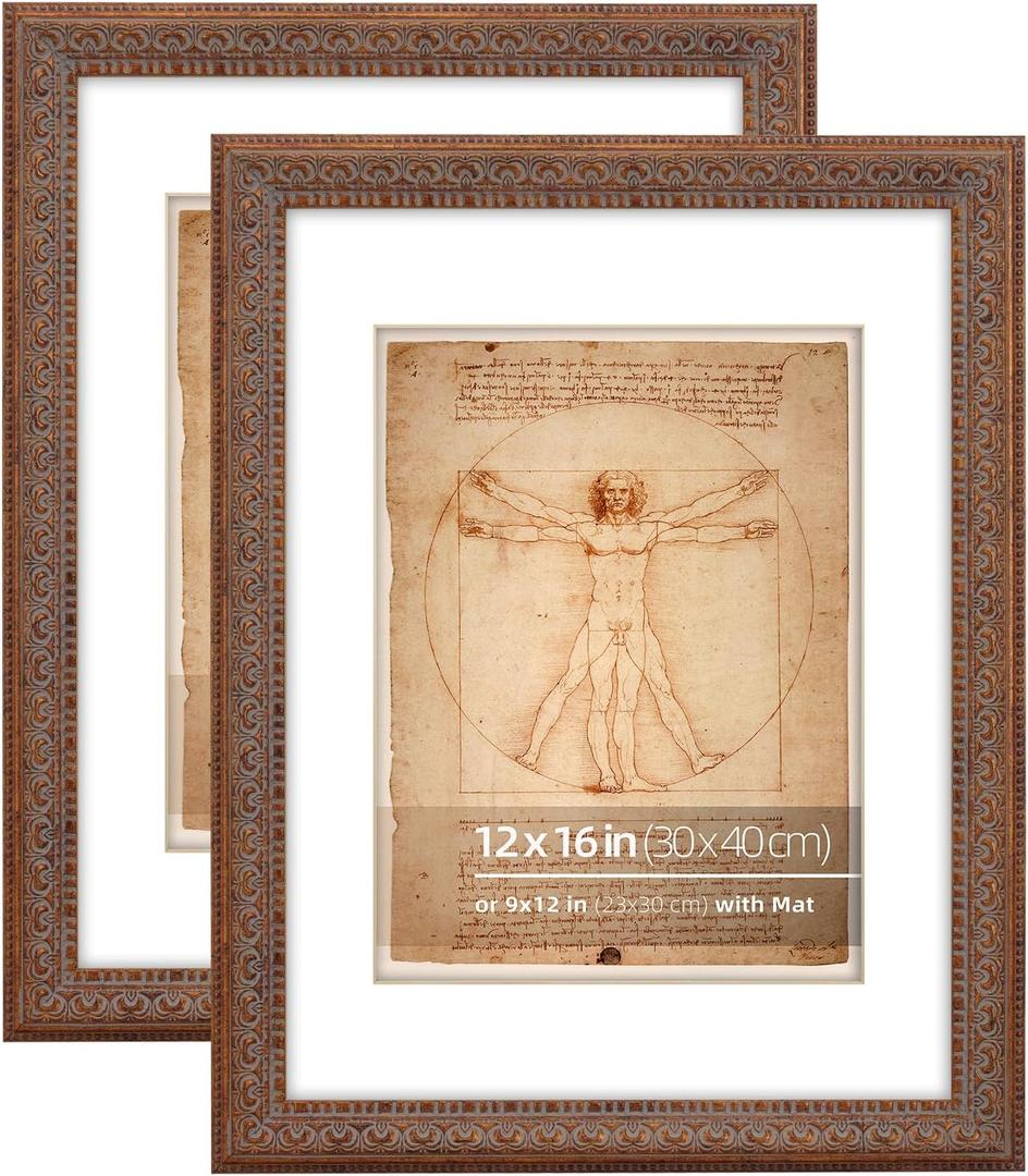 12x16 Antique Bronze Ornate Vintage Picture Frame, With Mat for 9x12 inches photos or Posters, Plexi glass Protection, 2 Pack