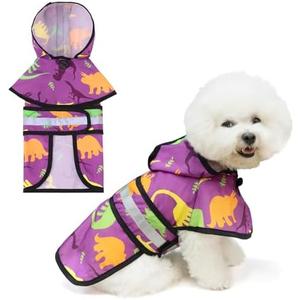 KOOLTAIL Dog Raincoat Hooded Slicker Poncho with leash hole, DRaincoat for Small Medium Dogs, Waterproof Doggie Rain Jacket with Reflective Strip, Adjustable Breathable Puppy Rainwear-Dinosaur Cartoon, M