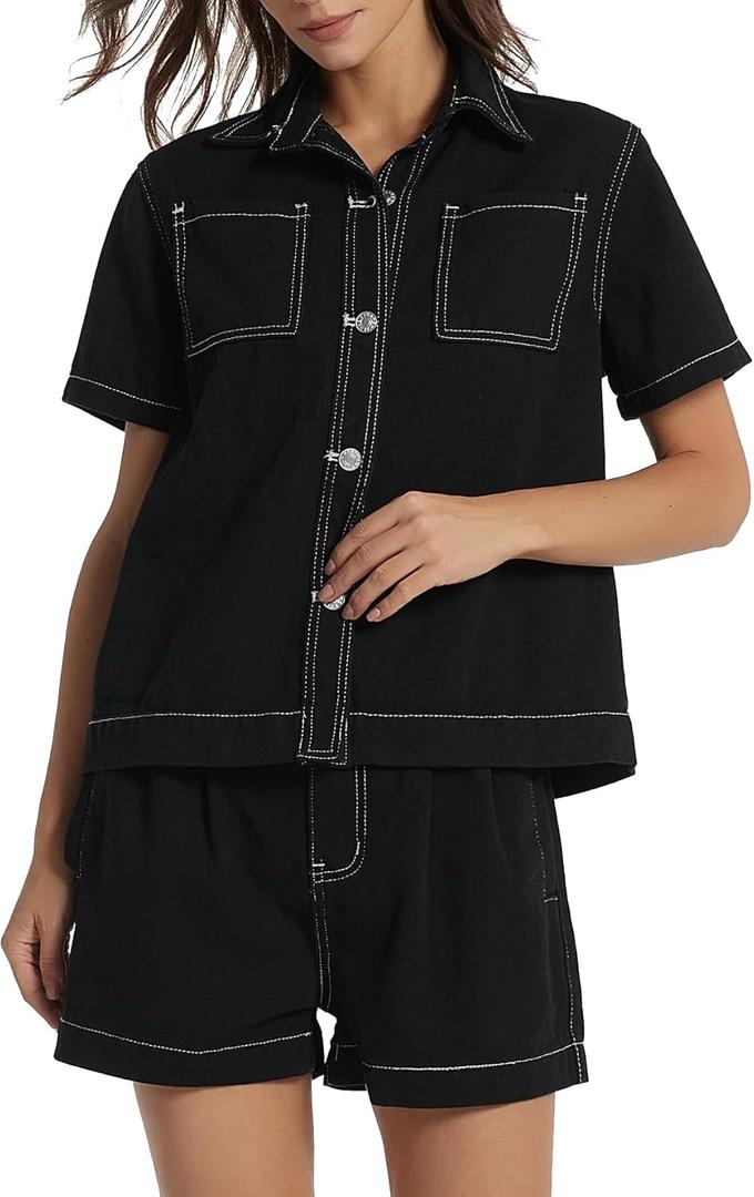 Kedera Summer Denim Set for Women 2 piece Casual Short Sleeve Boxy Shirt Tops and Shorts Pants Lounge Sets Outfits (Small, Black)