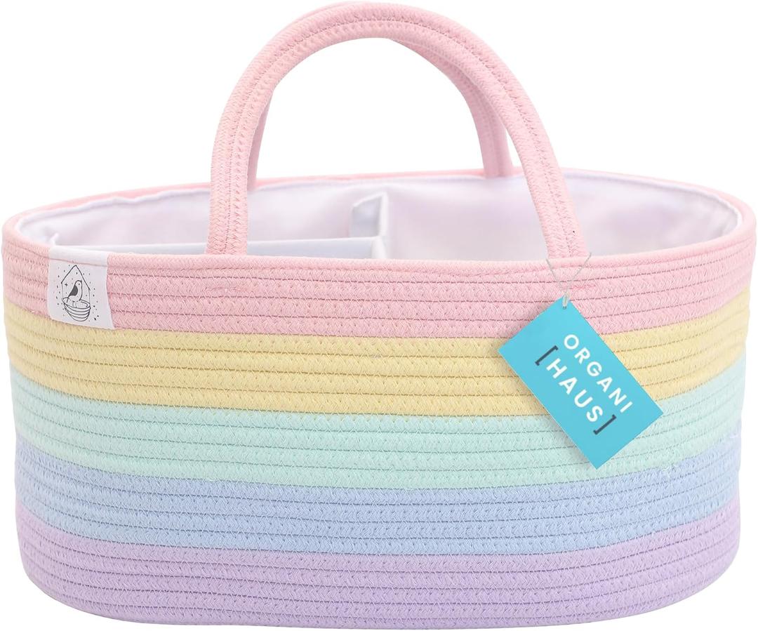 OrganiHaus Pastel Rainbow Nursery Storage Basket, Cotton Rope Toy & Diaper Caddy Organizer with Handles, Baby Diaper Organizer, Foldable Design, Machine Washable, Ideal for Baby Room & Laundry