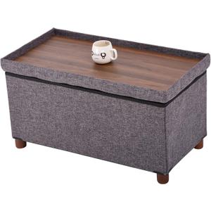 30 Inches Storage Ottoman Bench, Rect Grey, Modern, Classic Style, Linen Fabric, Walnut Wood Legs