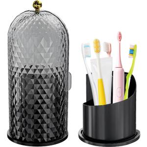Multifunctional Rotating Toothbrush Holders with Sliding Lid, The 3-Slot Bathroom Countertop Vanity Organizer Perfect for Tooth Brush, Toothpaste, and Makeup Brushes Holder Storage (Black)