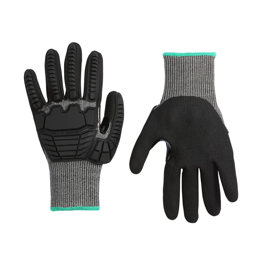 Amazon Basics Impact Protection Work Gloves - Cut Level A2, ANSI Level 4 Abrasion, Touchscreen Compatible, 15G Sandy Nitrile Palm, Large, 100 Pack, Black with Green Edge (Black, L)