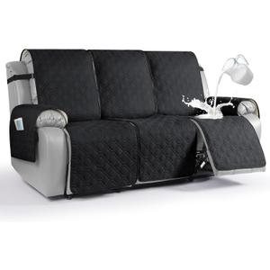 VANSOFY Waterproof Recliner Couch Covers, Sofa Covers 1-Piece Washable Reclining Sofa Cover Non-Slip Furniture Protector with Elastic Straps Pocket for Dogs, Pets(Black,3 Seater)