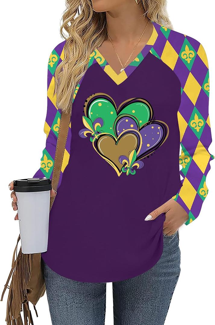 Mardi Gras Shirts for Women Funny Carnival Tuesday T Shirt New Orleans Party Shirt Mardi Gras Outfit Long Sleeve Tops (M)