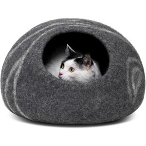 MEOWFIA Cat Cave  Premium Felt Cat Bed for Indoor Cats, Handmade Merino Wool (Dark Grey, Medium)