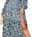 Chiffon Dresses for Women Deep V Neck Floral Long Sleeve Slit Evening Party Wedding Guest Dress (X-Large)
