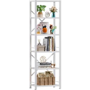 Furologee White Tall Bookshelf, Narrow Bookcase with 6 Shelves, Modern Freestanding Shelf Units, Metal and Wood Display Storage Corner Rack Organizer for Living Room, Home Office, Hallway, Bathroom (6 Tier - 15.3"W)