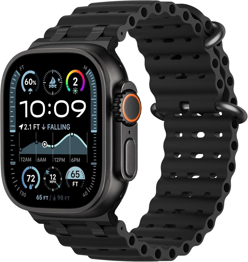 Ocean Sport Bands Compatible with Apple Watch Ultra 2/Ultra Band 49mm 46mm 45mm 44mm 42mm for Men Women, Metal Connector with Breathable Silicone Waterproof Strap for iWatch Series 10 9 8 7 SE 6 5 4 3 (Black/Black)