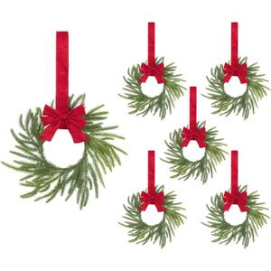 SHACOS 6 Pcs Small Christmas Norfolk Wreath 12 Inch Kitchen Cabinet Mini Wreaths Greenery Pine Needle Wreath with Red Ribbon Bow for Cabinet Xmas Window Wall Chair Decor