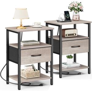 Vagusicc Nightstand Set of 2 with Charging Station, Bed Side Table with Fabric Drawer, Small End Table with 3 Tier Storage Shelves, 23.8'' Tall Night Stand Bedside Table for Bedroom Living Room, Gray (Greige)