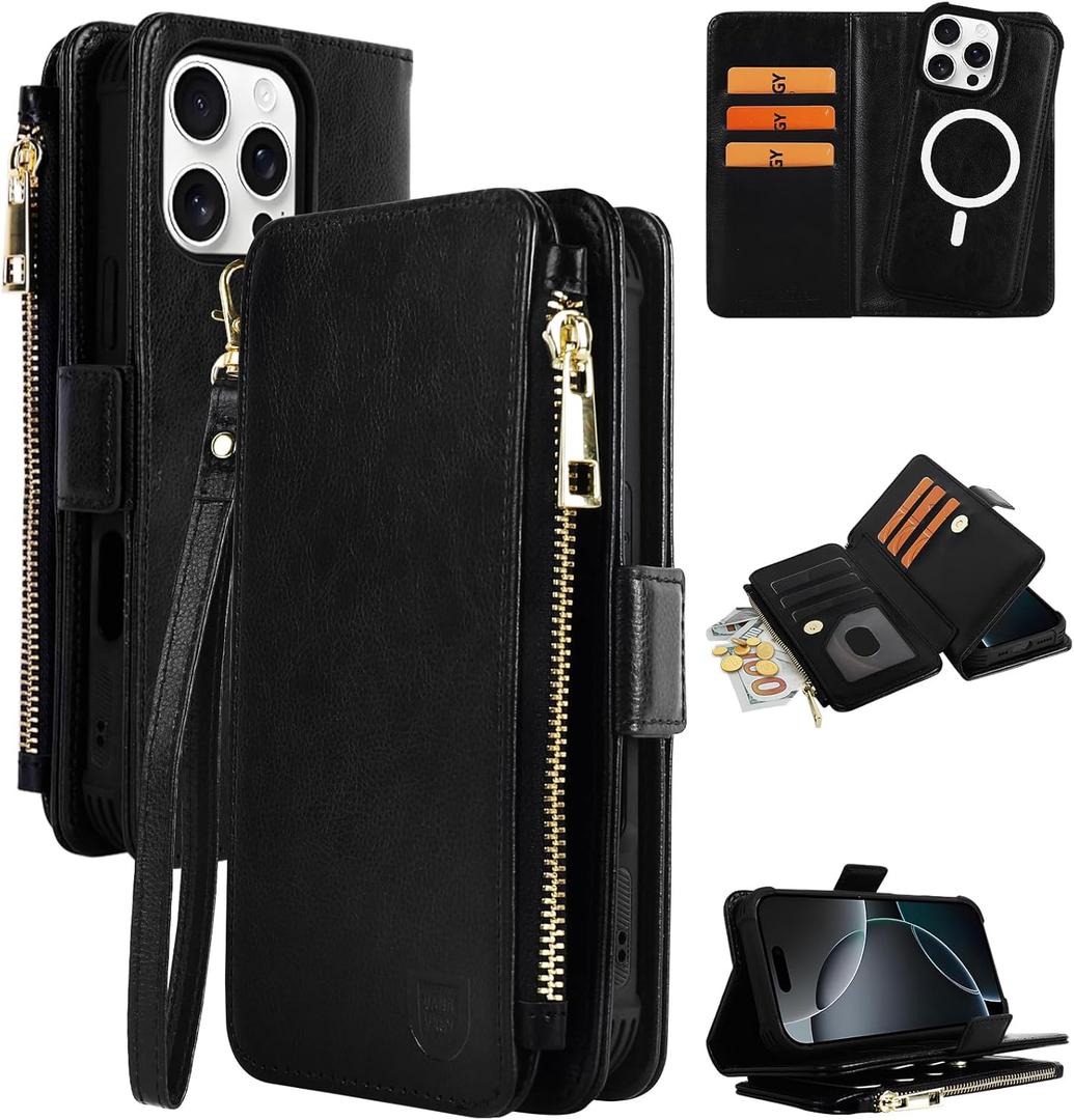 VANAVAGY Compatible for iPhone 16 Pro Max Wallet Case with RFID Blocking Card Holder for Women Men, PU Leather Magnetic Snap Wallet Detachable Phone Case with Kickstand for 16 promax 6.9inch, Black
