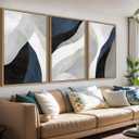 Large Abstract Framed Wall Art - Canvas Wall Art Pictures Prints for Living Room Decor Natural Float Framed Artwork for Bedroom Kitchen Home Office Decoration 72" X 36" Set of 3 Blue Grey (Navy)