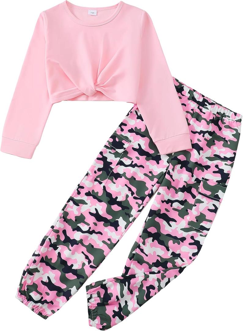 Girls 2 Piece Outfits Long Sleeve Twist Front Shirts and Camo Pants Sets for Fall Winter Sweatsuits Size 5-14Y (Pink)