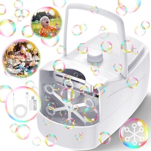 Bubble Machine, Automatic 18000+ Per Minute Big Bubbles Blower Maker for Kids Toddlers with 2 Speeds,6 Wands,Operated by Plugin or Batteries for Outdoor/Indoor Birthday Parties,Wedding (White)