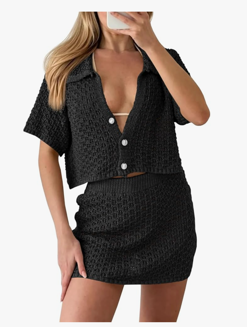 Saodimallsu Women 2 Piece Cover Up Set Crochet Beach Summer Knit Button Short Sleeve Crop Top Mini Skirt Sets, M