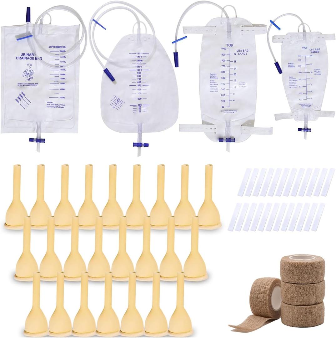 External Male catheters for Men, 24pcs Soft Latex Sets, 1 pcs 750 ml & 1000 ml Leg Bag, 1 pcs 1500 ml & 2000 ml Urine Bag with 4 Rolls of Tape - Urine Collection (25mm/0.98in)